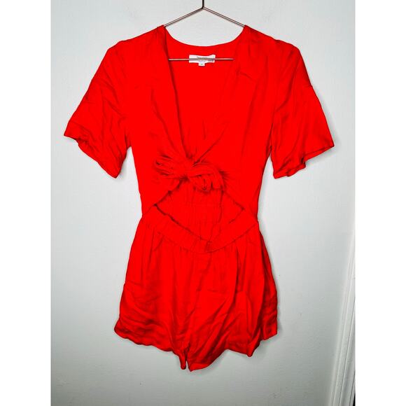 THAKOON Women's Red Linen Blend Tie-Front Short Sleeve V-Neck Romper Size 2 - Picture 3 of 9